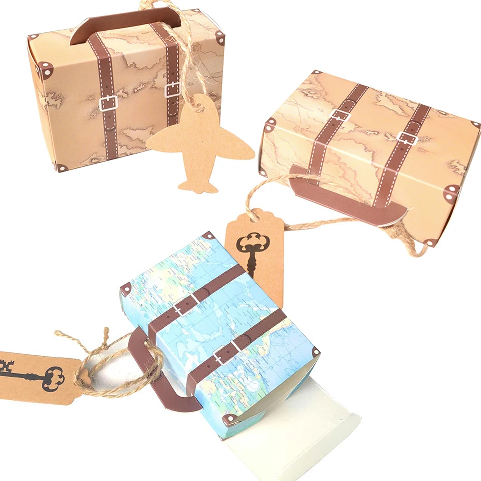 10pcs Suitcase Type Candy Vintage Creative Candy Box For Wedding Kids Boy\'s Travel Map Airplane Birthday Party Decoration Supply