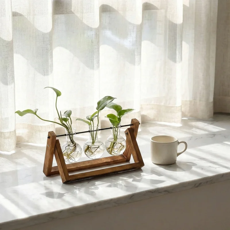 Hydroponic Glass Vase with Wooden Stand for Indoor Garden Simple Desktop Home Decoration Green Plant Cultivation Container