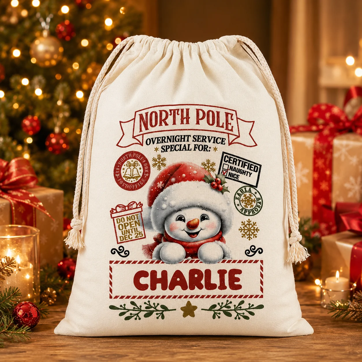 Custom Name Christmas Sack for Kids, Cute Snowman North Pole Gift Bag, Personalized Drawstring Xmas Present Bag