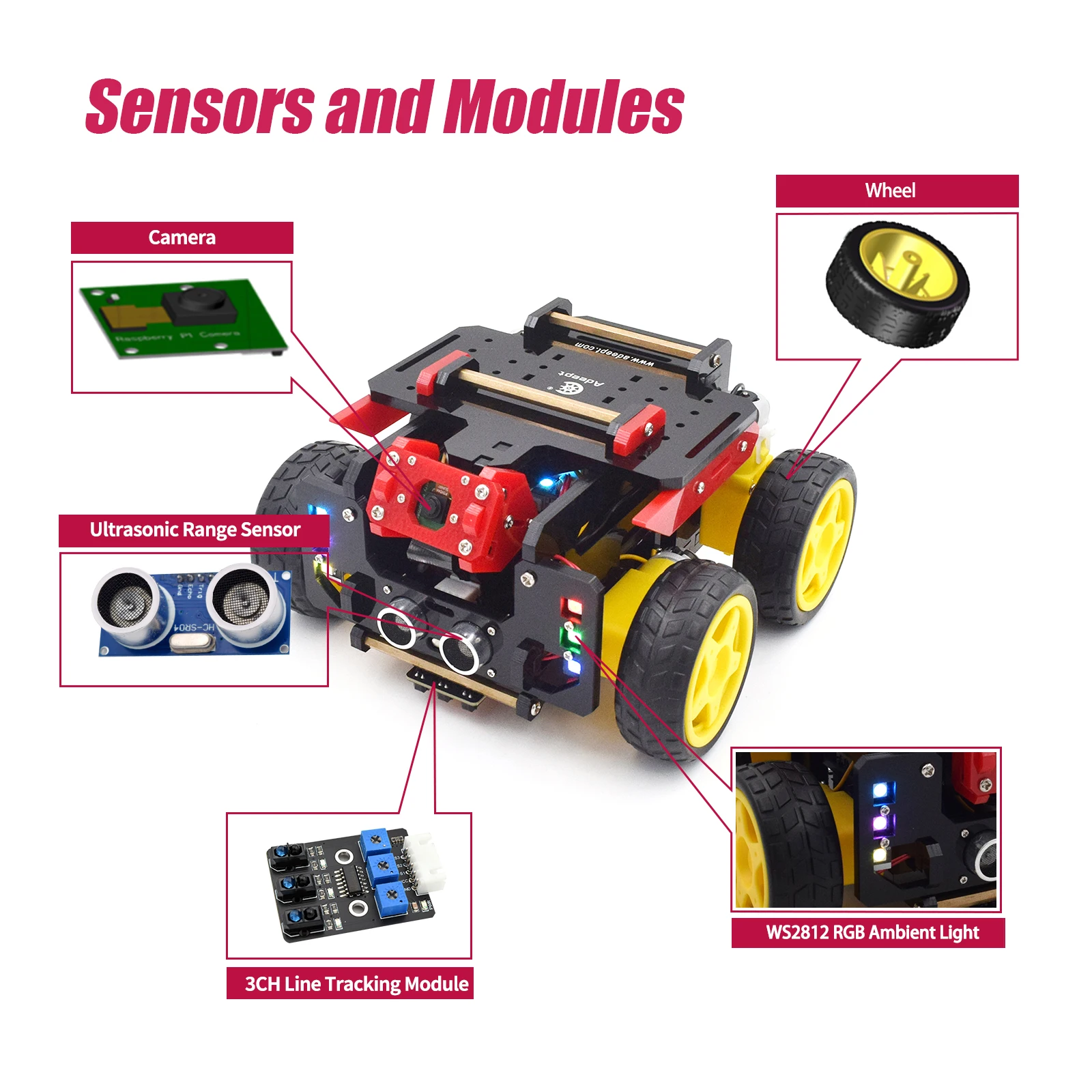 Kit de carro robô inteligente Adeept AWR 4WD para Raspberry Pi 5/4B/3B/3B+ (placa não incluída)