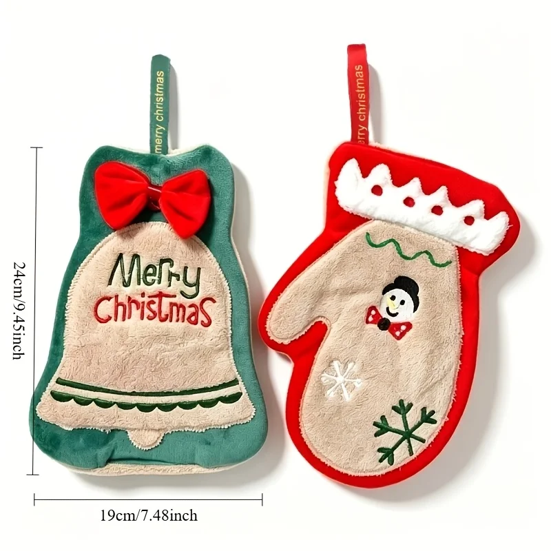 2-Piece Christmas Hanging Hand Towel Set, Bell and Glove-Shaped Absorbent Plush Hand Towels, with Embroidered Snowman, Bow, and Snowflakes, Quick-Drying Towels with Hanging Ribbon Design, Suitable for Bathroom, Kitchen, Christmas Home Decoration