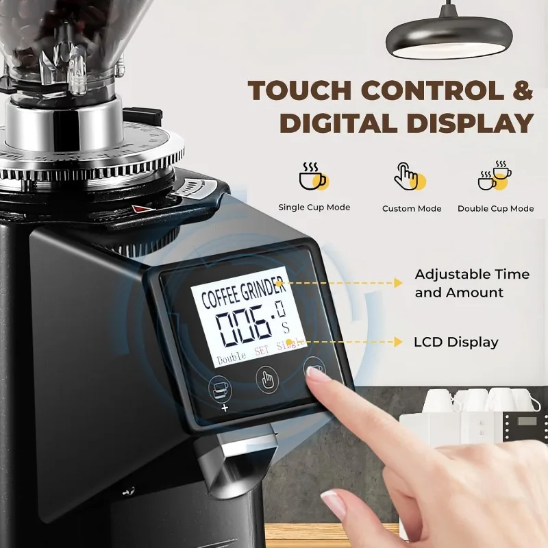 مطحنة القهوة الكهربائية، مطحنة القهوة المسطحة، 19 إعدادًا وعرض الموقت الرقمي، مطاحن قهوة اسبريسو التجارية
