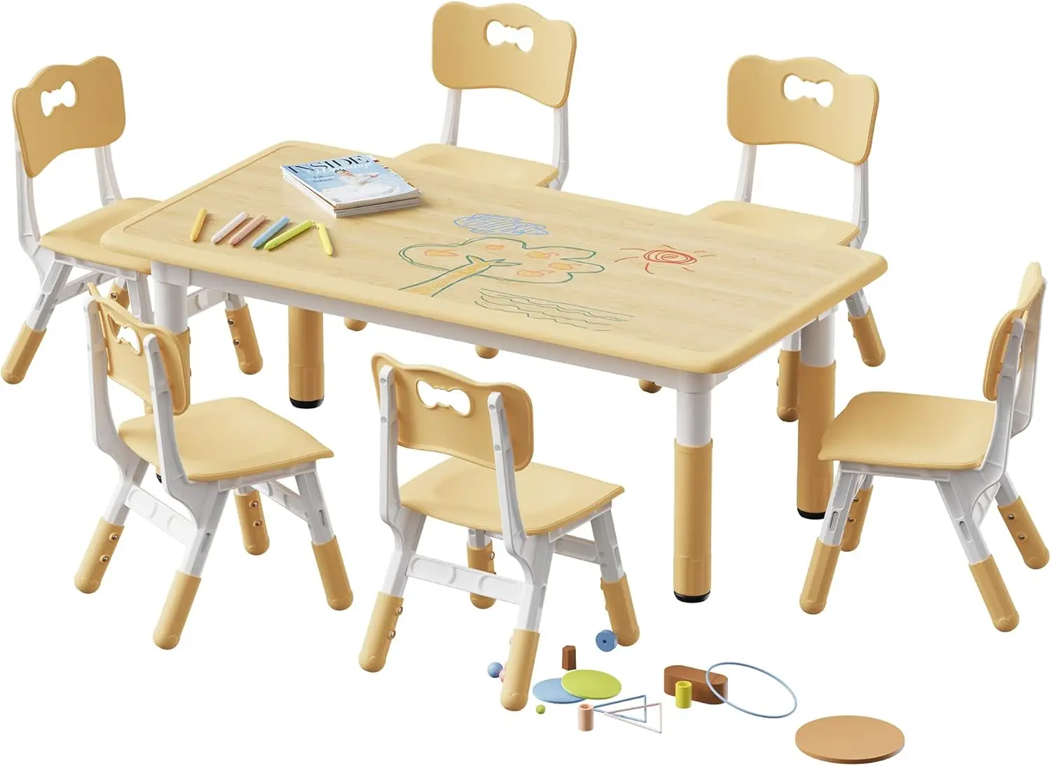 

Kids Table and 6 Chairs Set, Height Adjustable Toddler Desk and Chair Set, Graffiti Desktop, Classroom/Daycare/Home, Children Mu