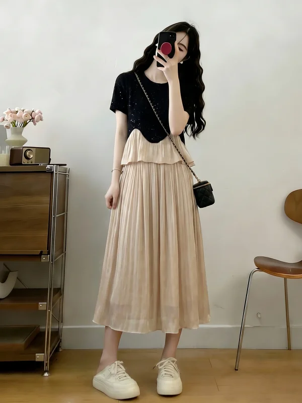 

Summer Fashion Set Women's plus Size Shiny Chiffon Skirt Pants Two Piece Suite Sparkling Trendy Younging High Waist Midi Skirt