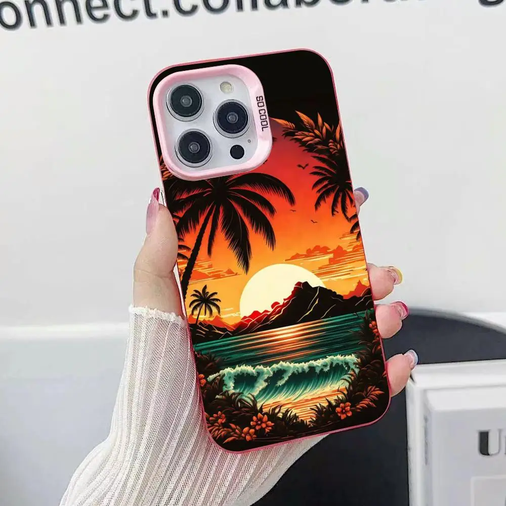 

Sunset Coconut Trees Pink Translucent Mobile Phone Case for iPhone 17 16 15 14 13 12 11 X XR XS Air Pro Max Plus Colorful Cover
