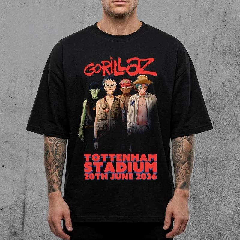 Camiseta Gorillaz TOTTENHAM STADIUM 20TH JUNHO 2026, camiseta de verão de algodão unissex, masculina e feminina, para fãs, estilo Y2K, vintage, casual.