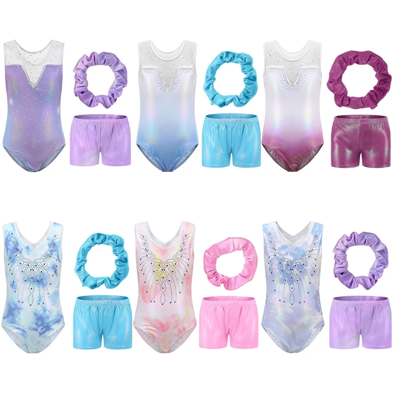 Children Ballet Leotard Girls Sleeveless Gymnastics Leotard Princess Ballerina Bodysuit Sets Performance Shorts With Headwear