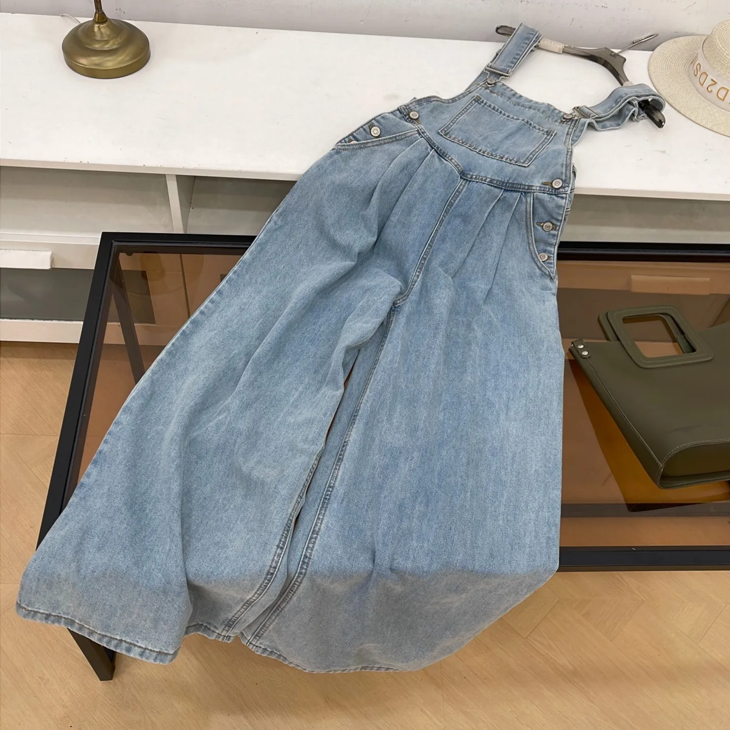 American Style Wide Leg Denim Overalls Pure Color Summer Casual High Waist Women's Long Pants Retro New Model G10