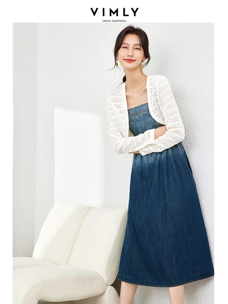 Vimly Spring Denim Dresses Set Women 2 Pieces Outfits White Hollow Out Knit Cardigan Gradient A-line Strap Midi Dress Sets 16562