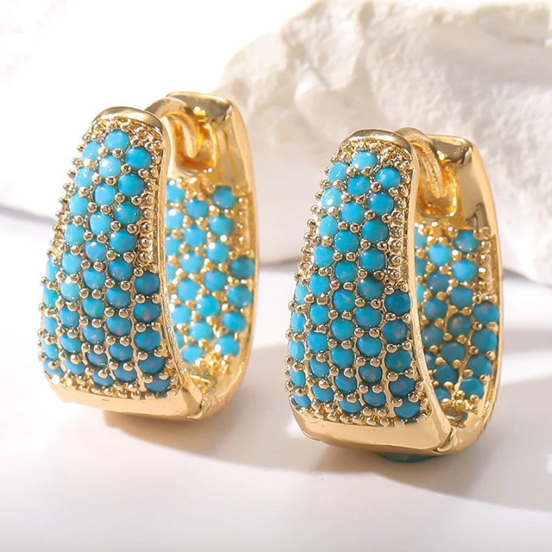 Trendy Blume Runde Blau Türkis Ohrringe Für Frauen Mädchen U-förmigen Metall Stein Ohren Zubehör Festival Schmuck Geschenke ZAKOL