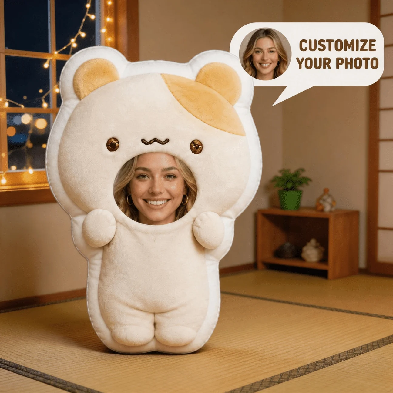 Custom Personalized Photo Face Pillow, Cute Bear Costume Style Custom Shaped Decorative Cushion, Unique Home Decor Accent for So