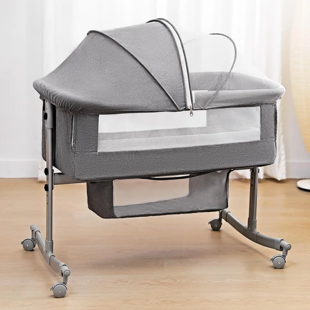 Bedside Crib for Baby, 3 in 1 Bassinet with Large Curvature Cradle, Bedside Sleeper Adjustable and Movable Beside Bassinet