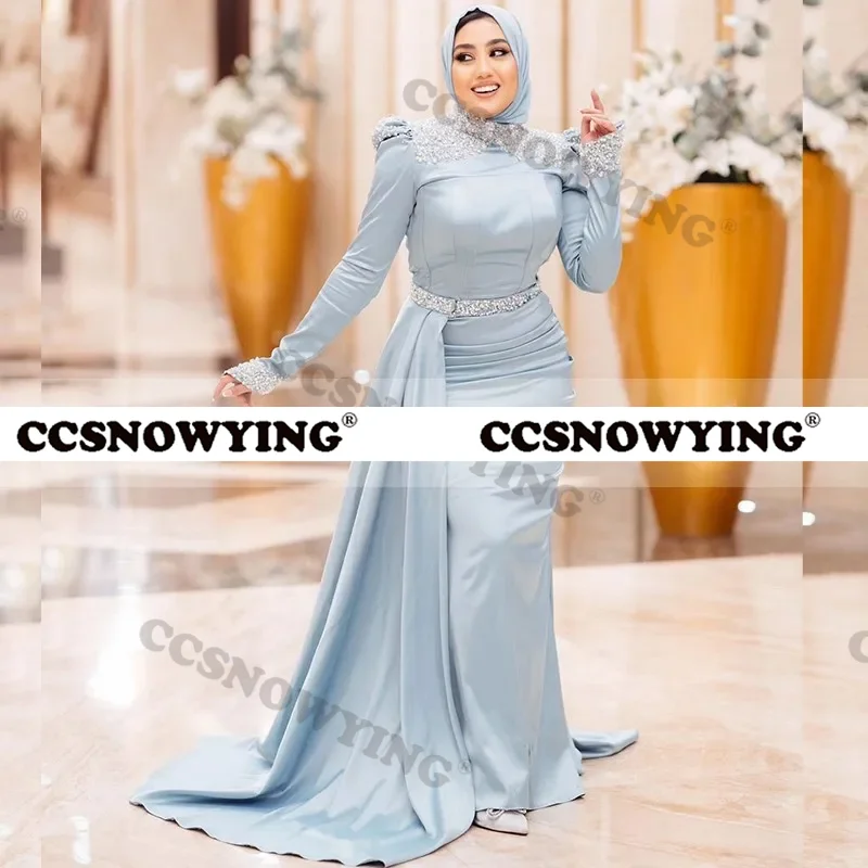 Light Blue Satin Beaded Mermaid Muslim Evening Dress Long Sleeve Hijab Islamic Formal Party Gown Women Arabic Robe De Soiree