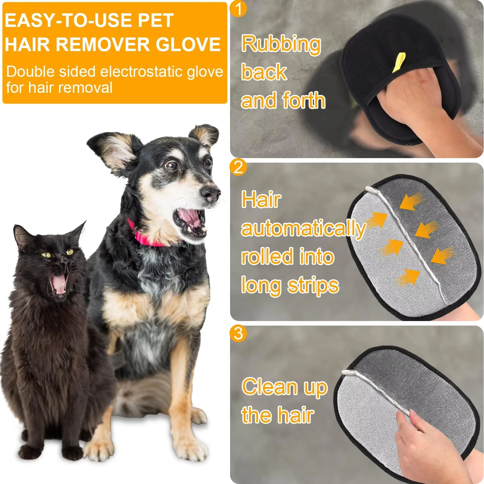 Pet Hair Removal Tool Reusable Static Removal Gloves, Double-Sided Grooming Gloves for Pets, Removes Pet Fur Hair for Carpets