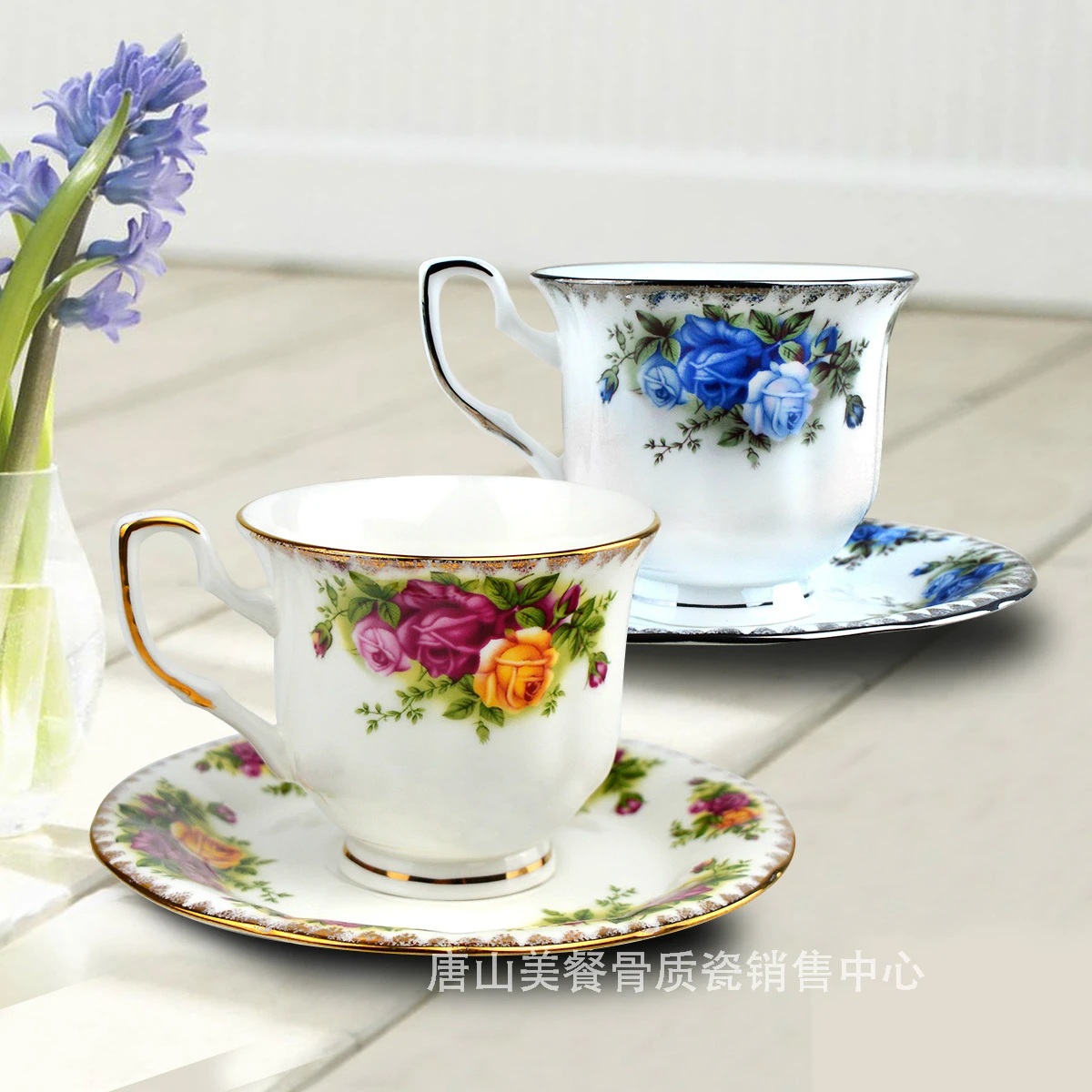 

Red pat gold rose / Blue pat gold rose coffee cup and plate bone china ceramic coffee set afternoon tea set