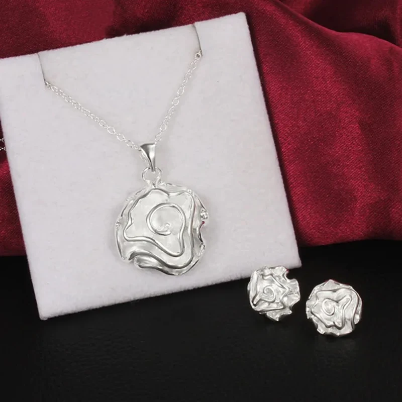 Fashion 925 sterling silver Jewelry set earrings stud necklaces for women fine rose flower Pendant wedding Party Christmas gifts