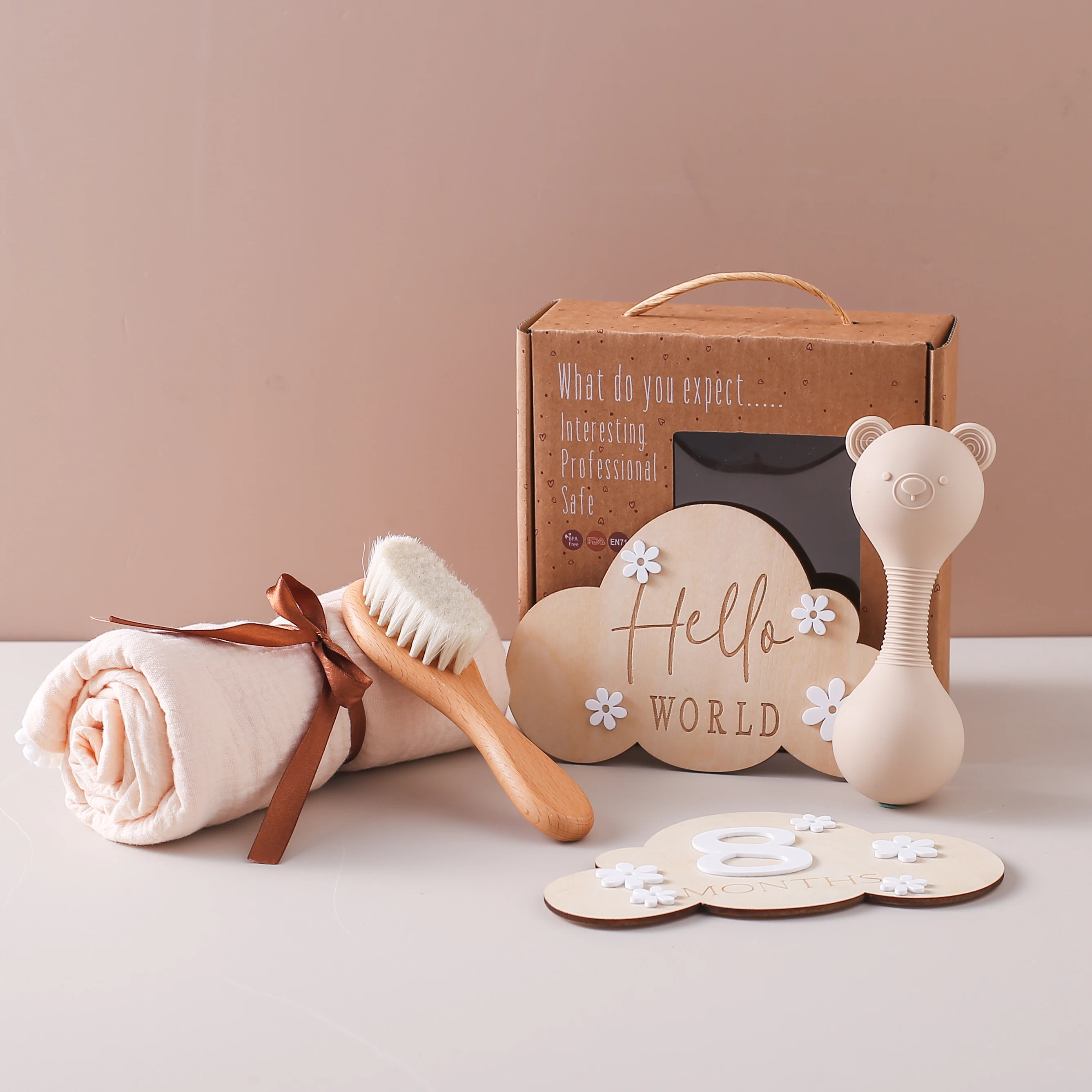 5 Stk/set Baby Shower Geschenken Set Siliconen Rammelaar Speelgoed Houten Borstel Beer Tandjes Speelgoed Voor Baby 'S 0 Tot 3 Maanden Geboorte Mijlpaal Kaart