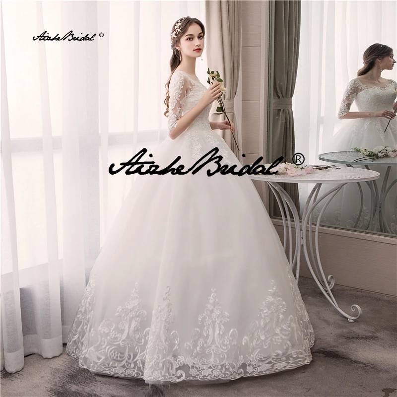 فستان الزفاف التطريز الدانتيل يصل حجم كبير مخصص س الرقبة فساتين الزفاف نصف كم الكرة ثوب رداء دي ماري