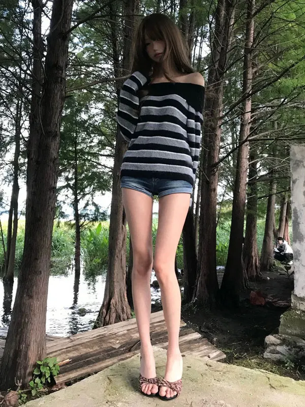 

Unique Retro Striped Color Blo Knitwear One oulder Top Not Repeating Sle Winter Faionable Women's Long Sve Sweater