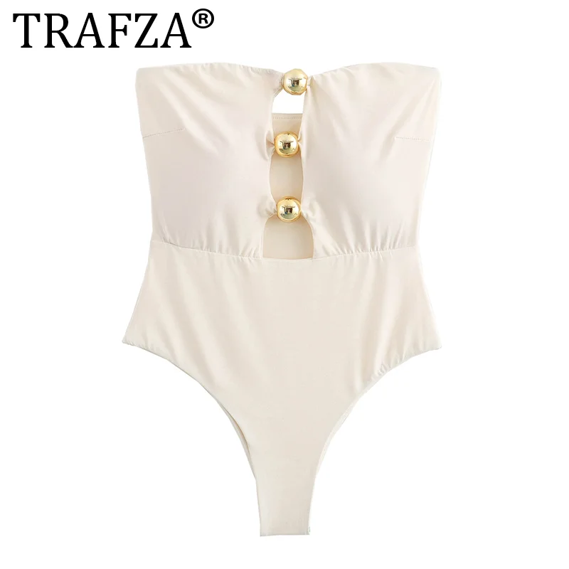 TRAFZA Elegant Woman Solid Color Metal Hollow Decoration Beach Swimsuit Women Summer Sexy Sleeveless Backless Tight Jumpsuit