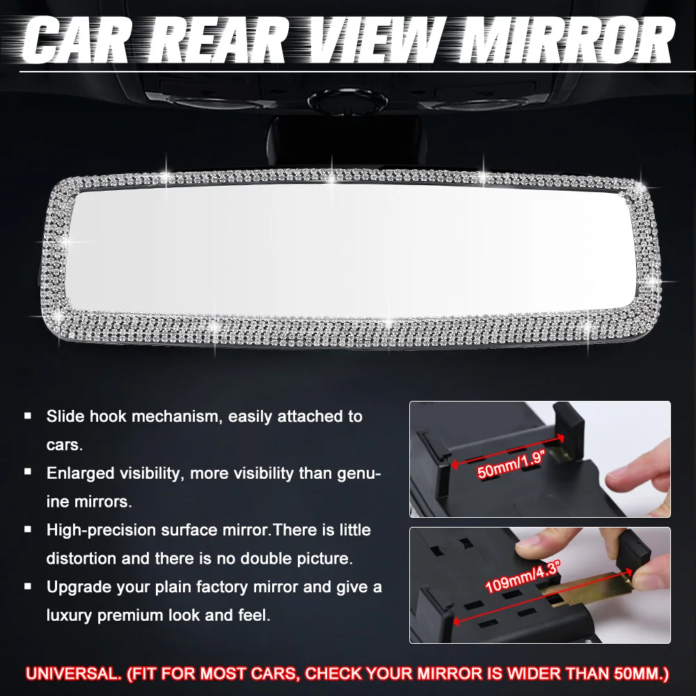 Universal Car Interior Rear View Mirror Accessories Enlarged Visibility Luxury Crystal Diamonds Bling Rhinestones Easy Attached