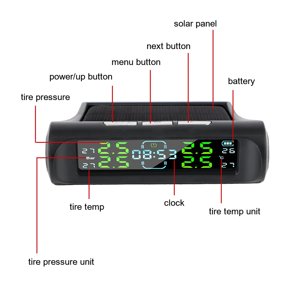 Sistema de monitoramento de pressão de pneus de carro com display LCD digital com relógio digital Sistemas de alarme de segurança automática USB / Solar TPMS