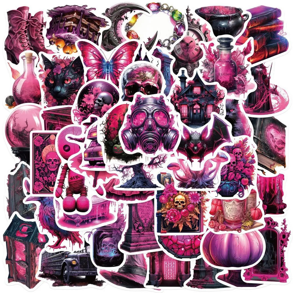 Adesivos de grafite mágicos roxos e pretos de desenho animado misterioso de 50 peças - decoração à prova d'água DIY para guitarras, notebooks, bagagem