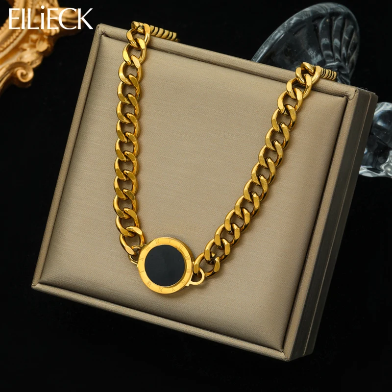 EILIECK 316L Stainless Steel Double-sided Round Roman Numerals Dial Charm Necklace For Women New Punk Neck Chain Jewelry Gift