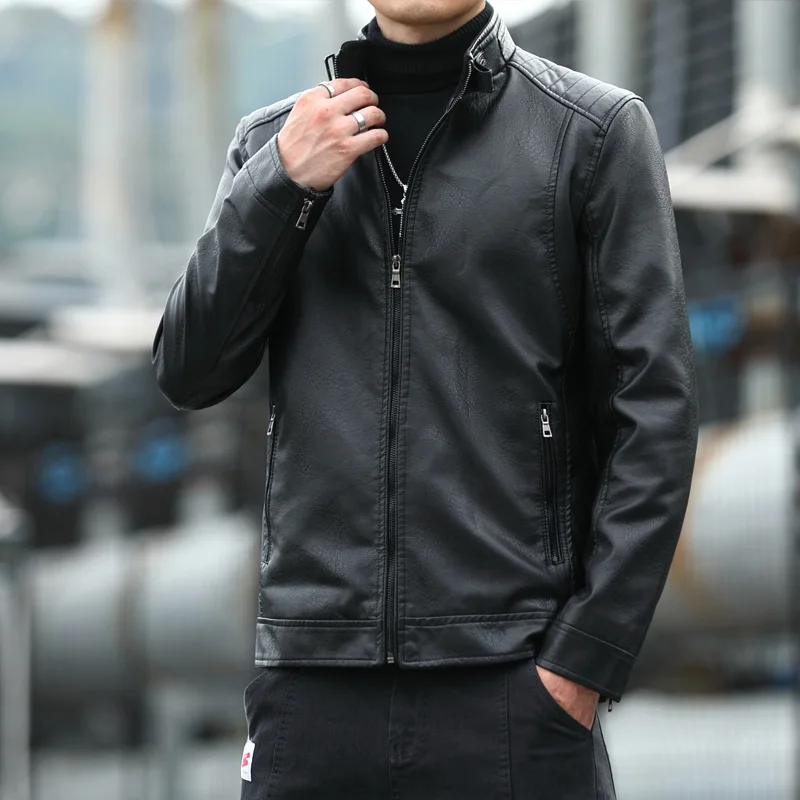 Spring Autumn Motorcycle Jacket Man Slim Fit Handsome Stand Collar Leather Coat Fashion Casual Business PU Leather Jacket