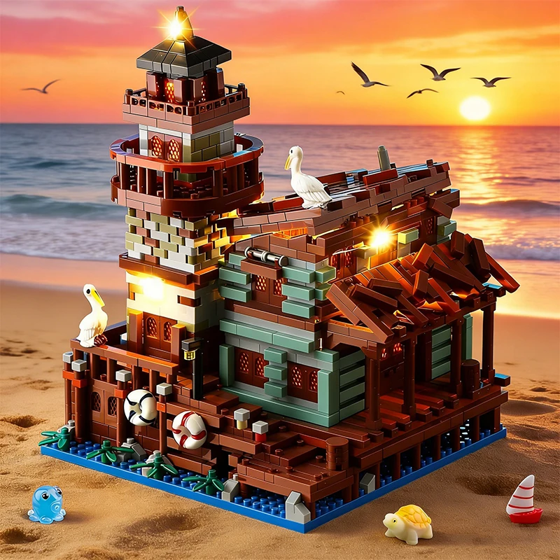 ini Fishing Village Cottage Bouwstenen met figuren Stad Architectuur Huis DIY Montage Speelgoed Kinderen Kerst Verjaardagscadeaus