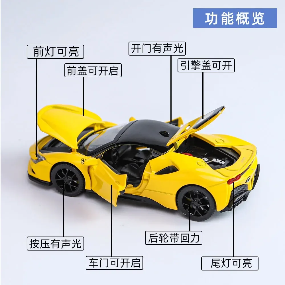 1:32 Scale Ferrari SF90 Supercar High Simulation Diecast Metal Alloy Model Car Sound Light Pull Back Collection Toy Gifts