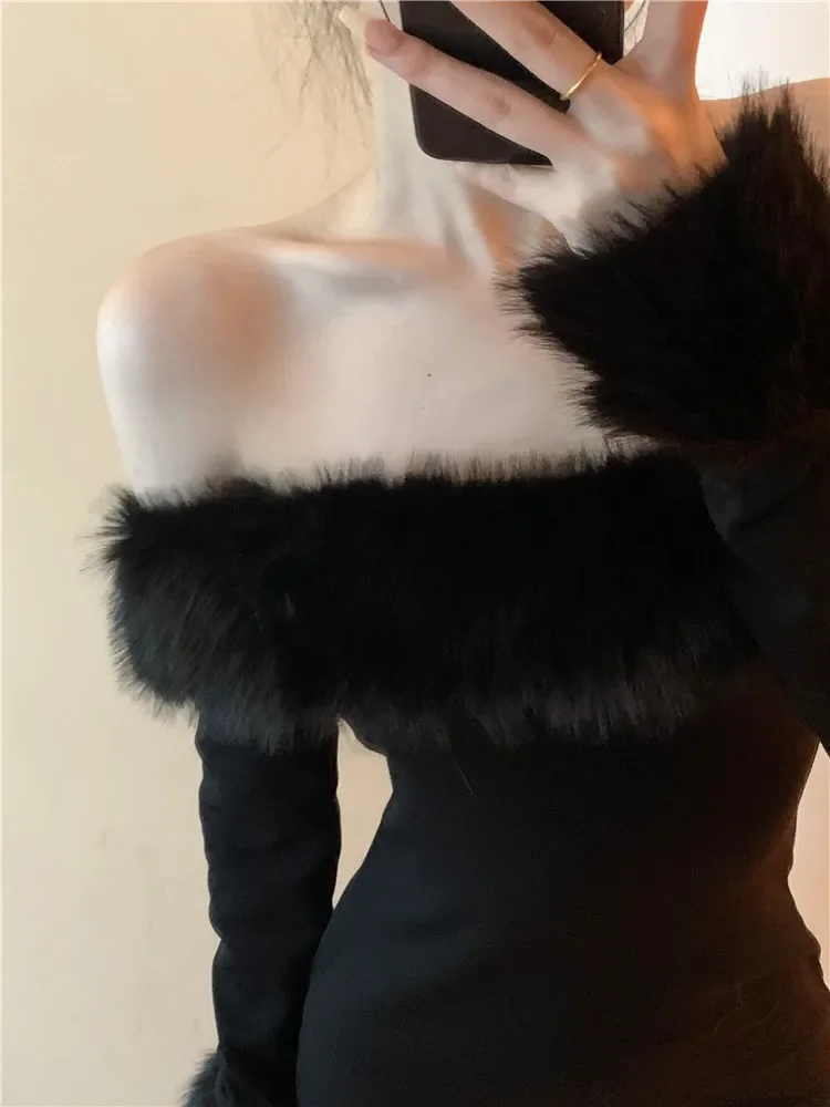 Fashion Off Shoulder Black Pencil Dress Feather Fur Slash Neck Mini Evening Party Dress Strapless Long Sleeve Slim Short Dress