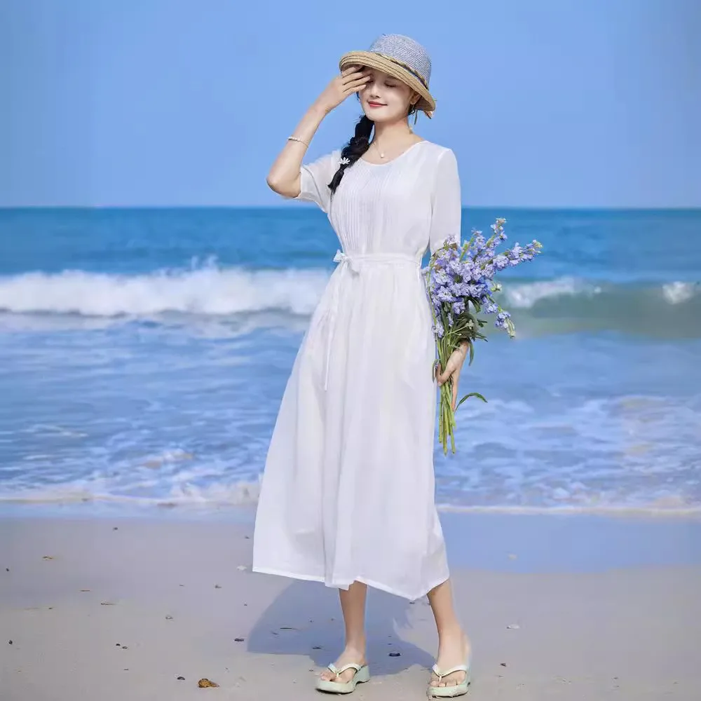 Letnia kolekcja 2025 Nowa Biała Lekka Lniana Plisowana Sukienka Dr Ele Dwuwarstwowa Nie Lekka Casualowa Długa Sukienka Dr