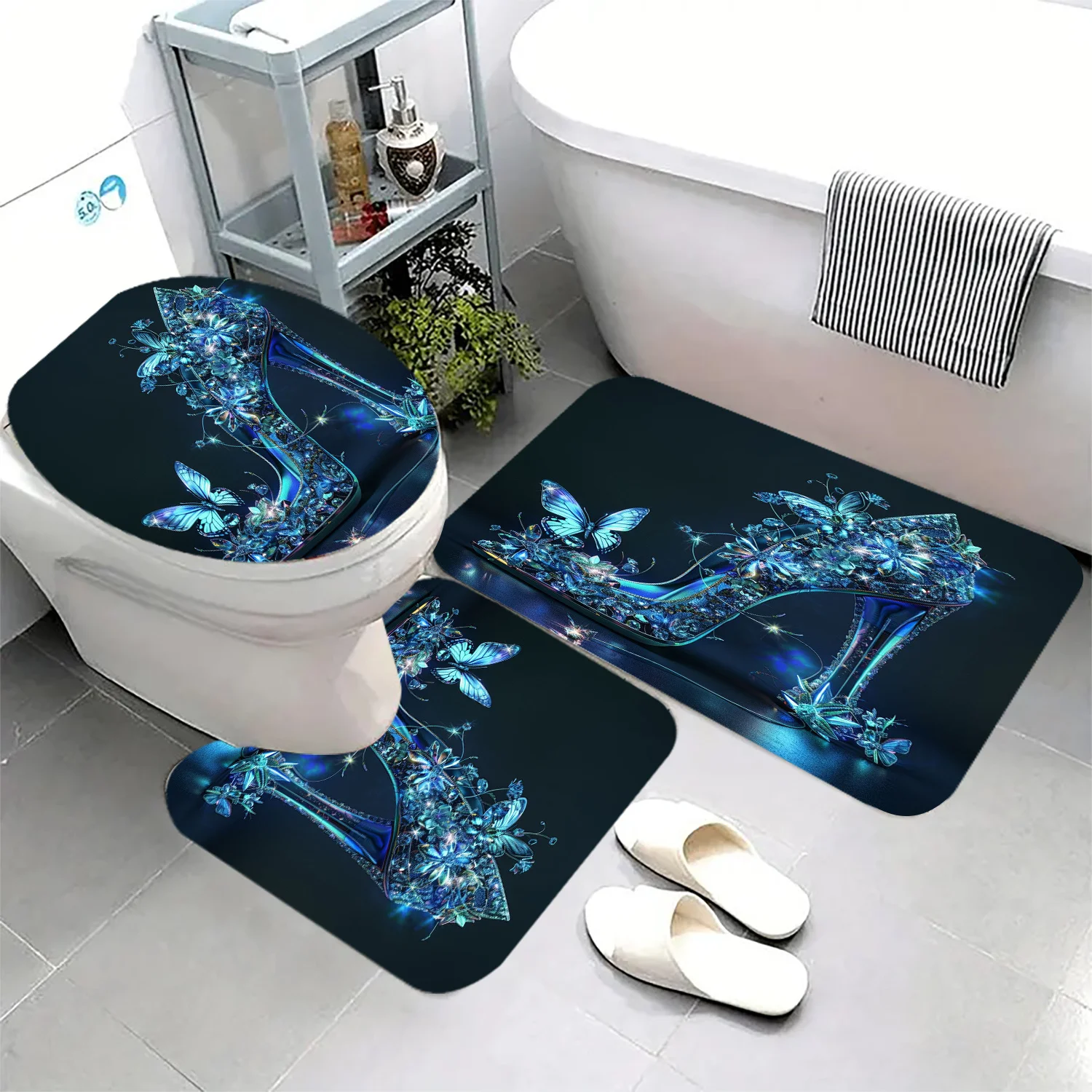 

Туалетный набор из 3 предметов на высоком каблуке-бабочке с цифровым принтом, коврик для ванной комнаты из полиэстера, нескользящий коврик для ванной, U-образный коврик для сиденья унитаза