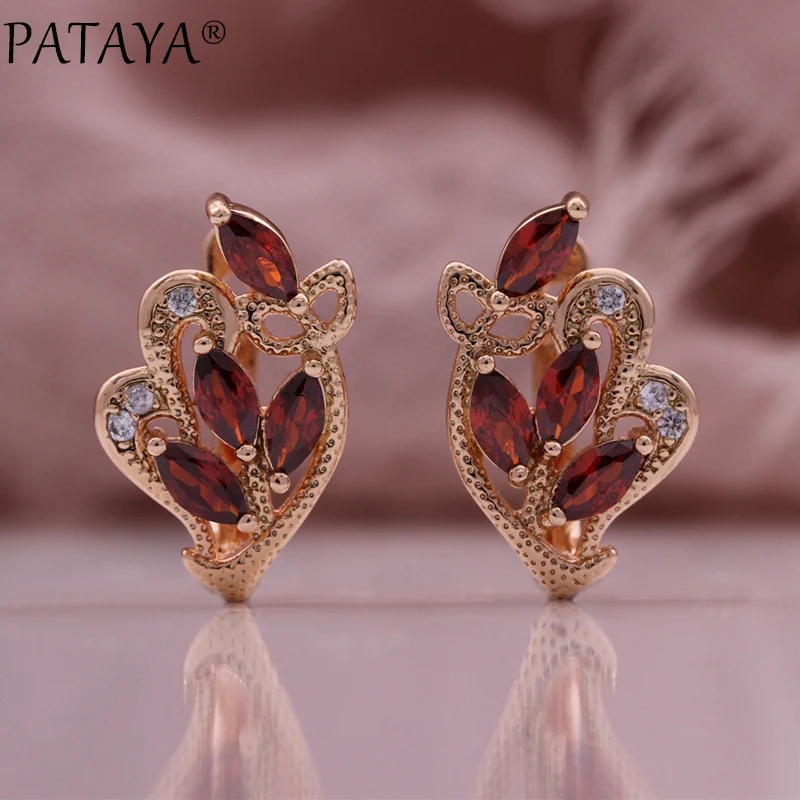 PATAYA New 585 Rose Gold Color Earrings Horse Eye Petal Natural Zircon Dangle Earrings Women Creative Vintage Fashion Jewelry