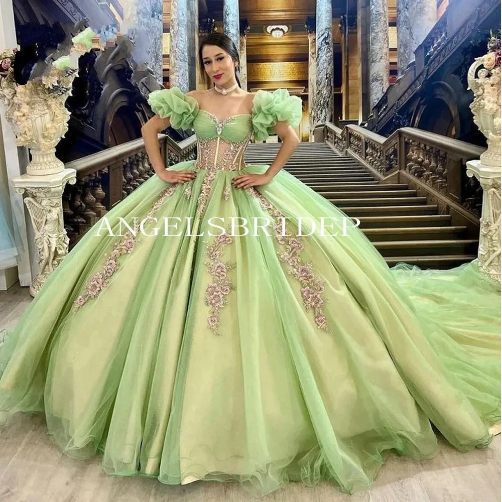 

Angelsbridep бальное платье зеленого цвета, платья для Quinceanera, корсет с бисером, Формальные Выпускные платья на шнуровке, принцесса, милый 15