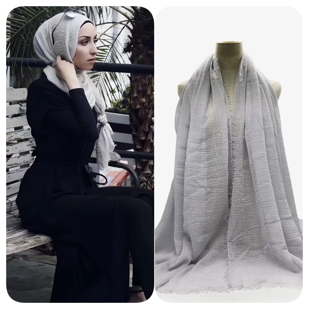 95x180CM Muslim Wrinkled Tassel Cotton Viscose Scarf Crinkle Solid 68 Colors Women Hijab Shawl Big Size Long Turban Headwraps