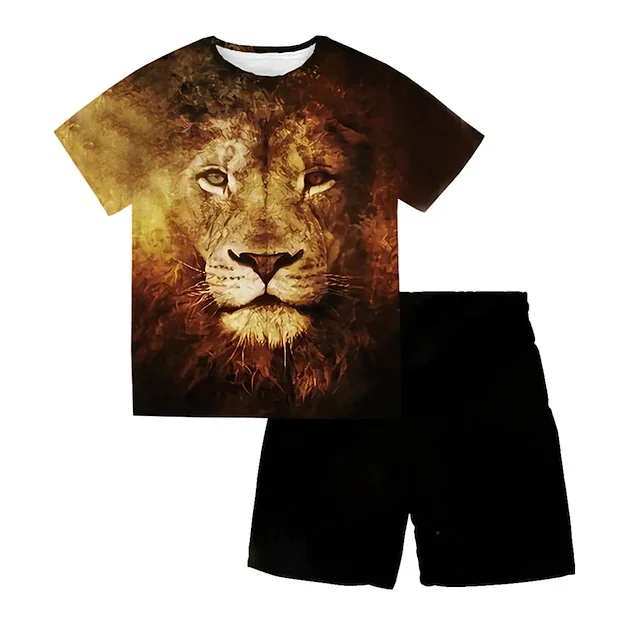 Summer tigers, lions, squirrels, hippos, animals, cartoon patterns, children's t-shirts and shorts sets are trendy