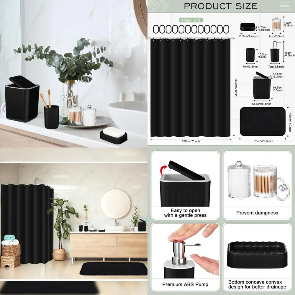 

Black Bathroom Accessory Set: Shower Curtain, 12 Hooks, Trash Can, Soap Dispenser, Dish, Rugs, Cup, and Cotton Swab Holder for S