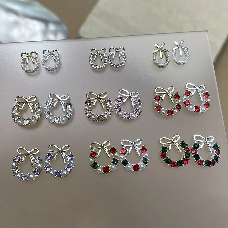 10PCS Sparkle Bunte Diamanten Perle Weihnachten Kranz Legierung Bogen Nail art Strass Dekorationen Maniküre X'mas Girlande Charms