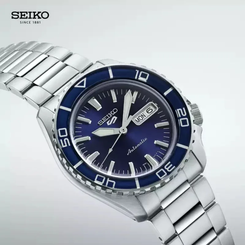 SEIKO 5 Sports SRPK97K1 Men 42.5mm Retro Diver Watch Blue Rotating Bezel Transparent Caseback 100M Waterproof mens watches