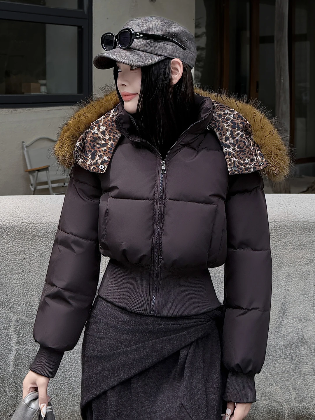 American Style Women's Short Thickened Winter Coat with Fur Collar Leopard Print Splicing Waist-Cinching Warm Cotton Jacket