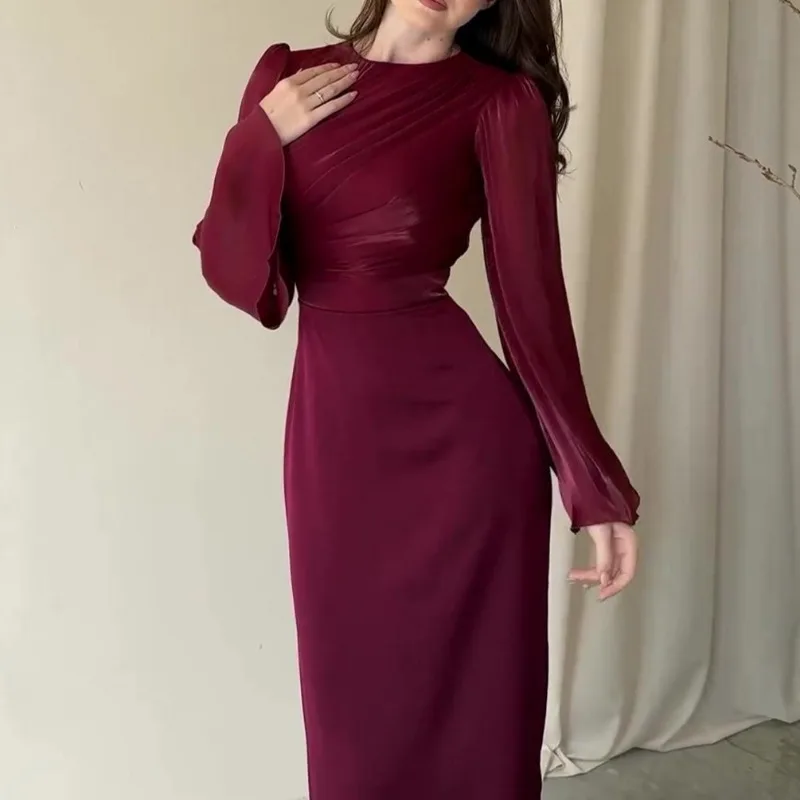 Vestido de noche empalmado de manga larga con cuello redondo, vestido Sexy elegante de Color sólido ajustado a la cadera, vestido largo de temperamento satinado a la moda para mujer