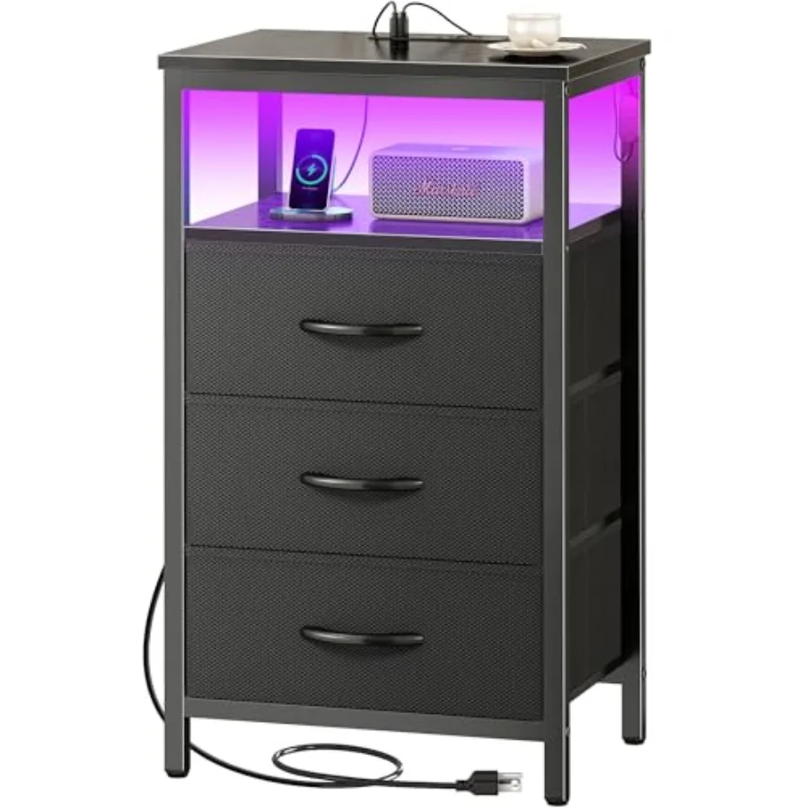 

Night Stand with Charger Station and LED Lights 3 Drawer Nightstand Bed Side Table with Open Shelf End Table Tall Fabric Dresse
