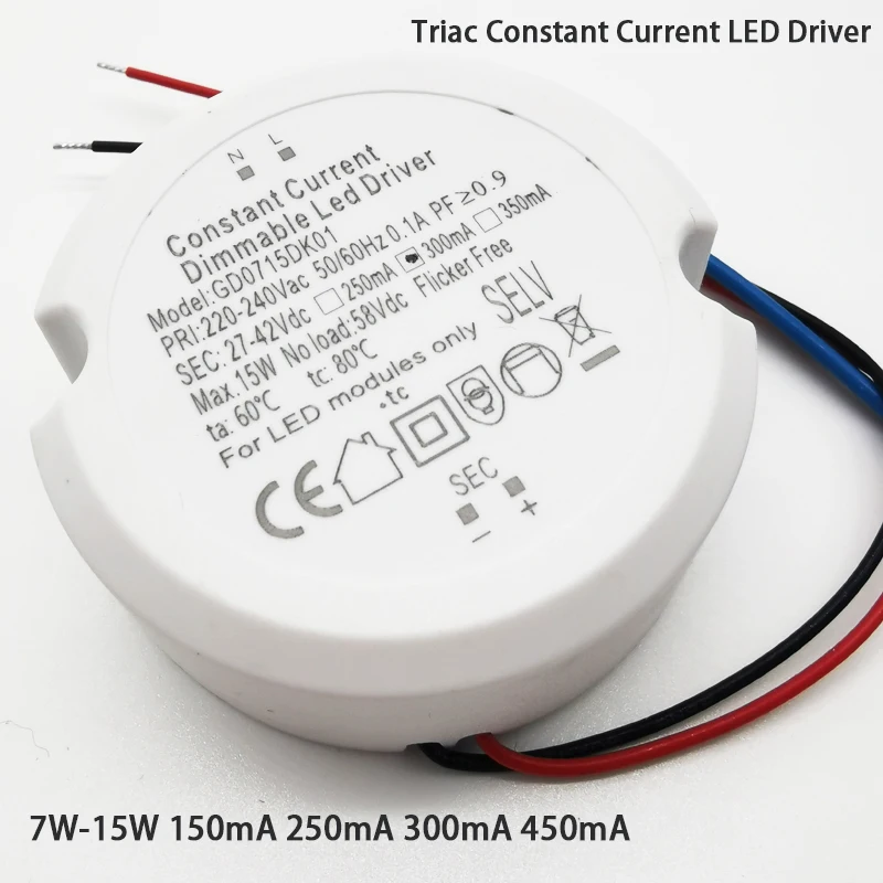 Output 27-42V Circular Led Triac Dimming Driver 7-15W 150mA-450mA Triac Dimmable LED Driver Ceiling Downlight No flicker Power