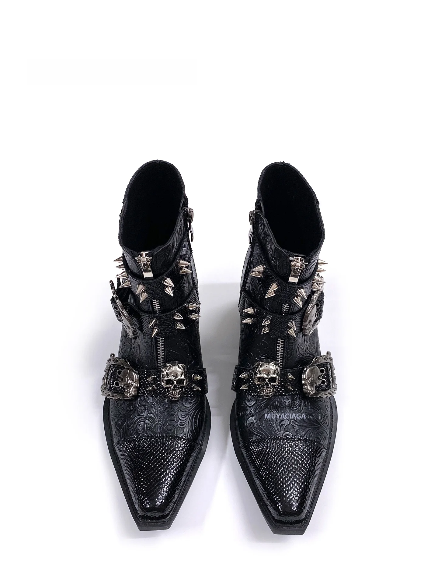 Punk Style Pointed Toe Chelsea Boots Unisex Metal Rivet Skeleton Gothic Dark High Heel Short Boots Men Women Youth Zipper Clo...