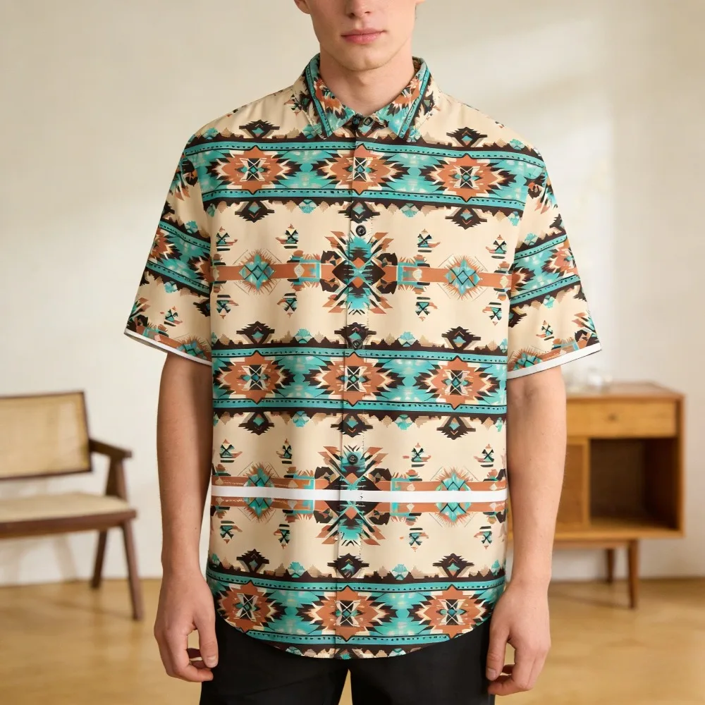 

Богемная рубашка с короткими рукавами, красочный геометрический узор, свободный крой, повседневный топ на пуговицах в стиле ретро для лета, фестивалей, отпуска