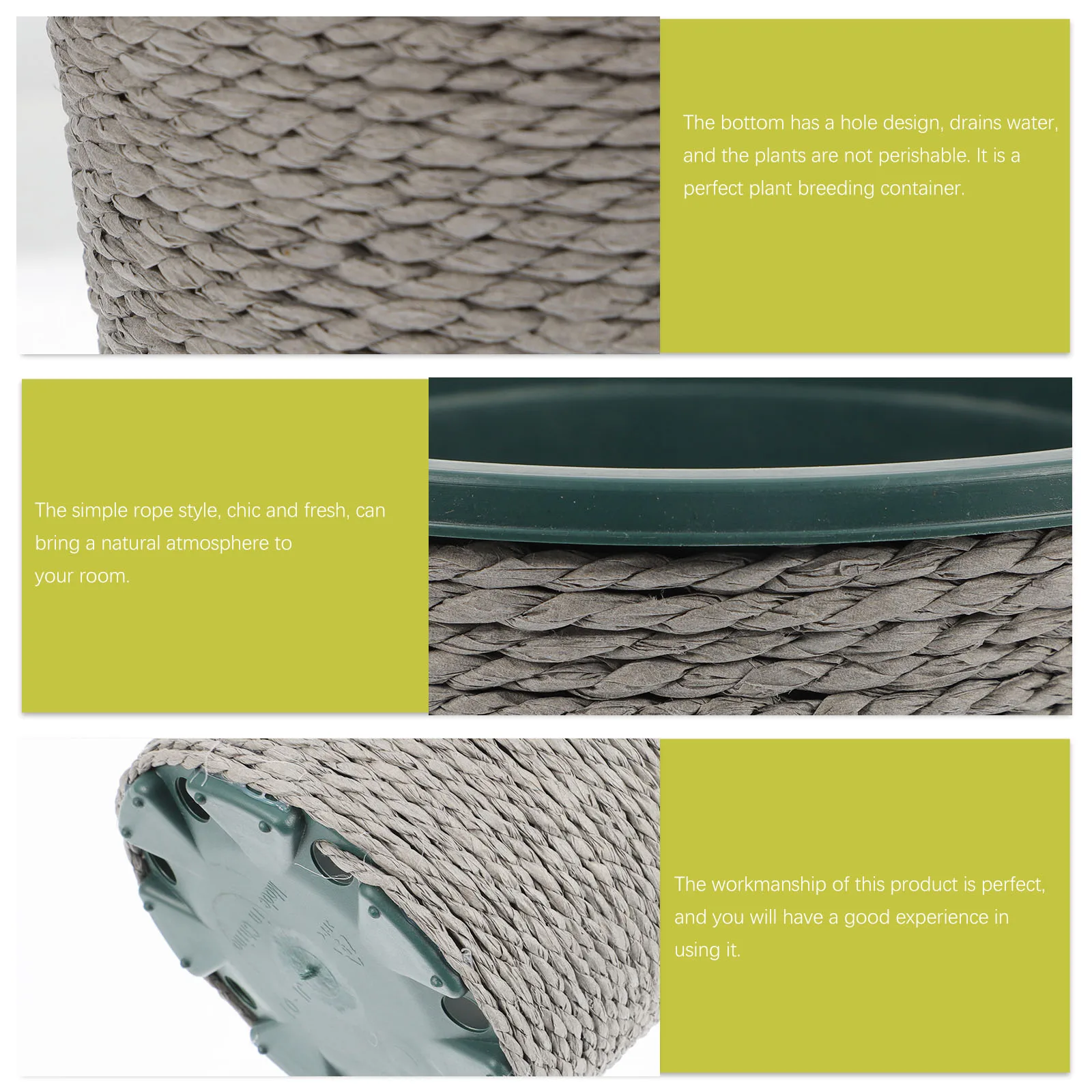 

Rope Woven Flowerpot Plant Decor Storage Basket 22x15 Yellow Paper Rope Indoor Office Drainage Hole Household Flowerpot