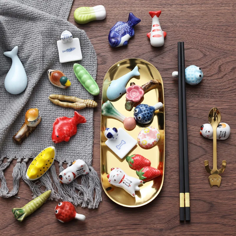 Adorable Ceramic Animal Fruit Chopstick Rest Holder Tabletop Ornament Gift for Home Kitchen Office