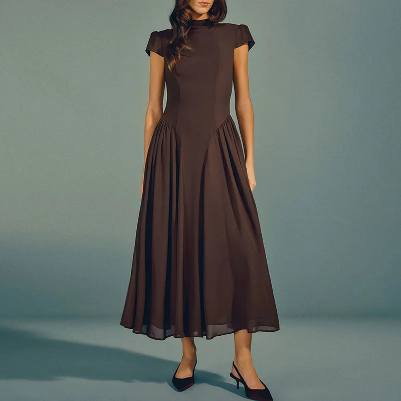 Image of Elegantes O-Ausschnitt Kleid mit Hoher Taille und Raffung für Damen, Neues Einfarbiges Party-Maxikleid, Vintage-Stil, Schlanke A-Linie für den Alltag